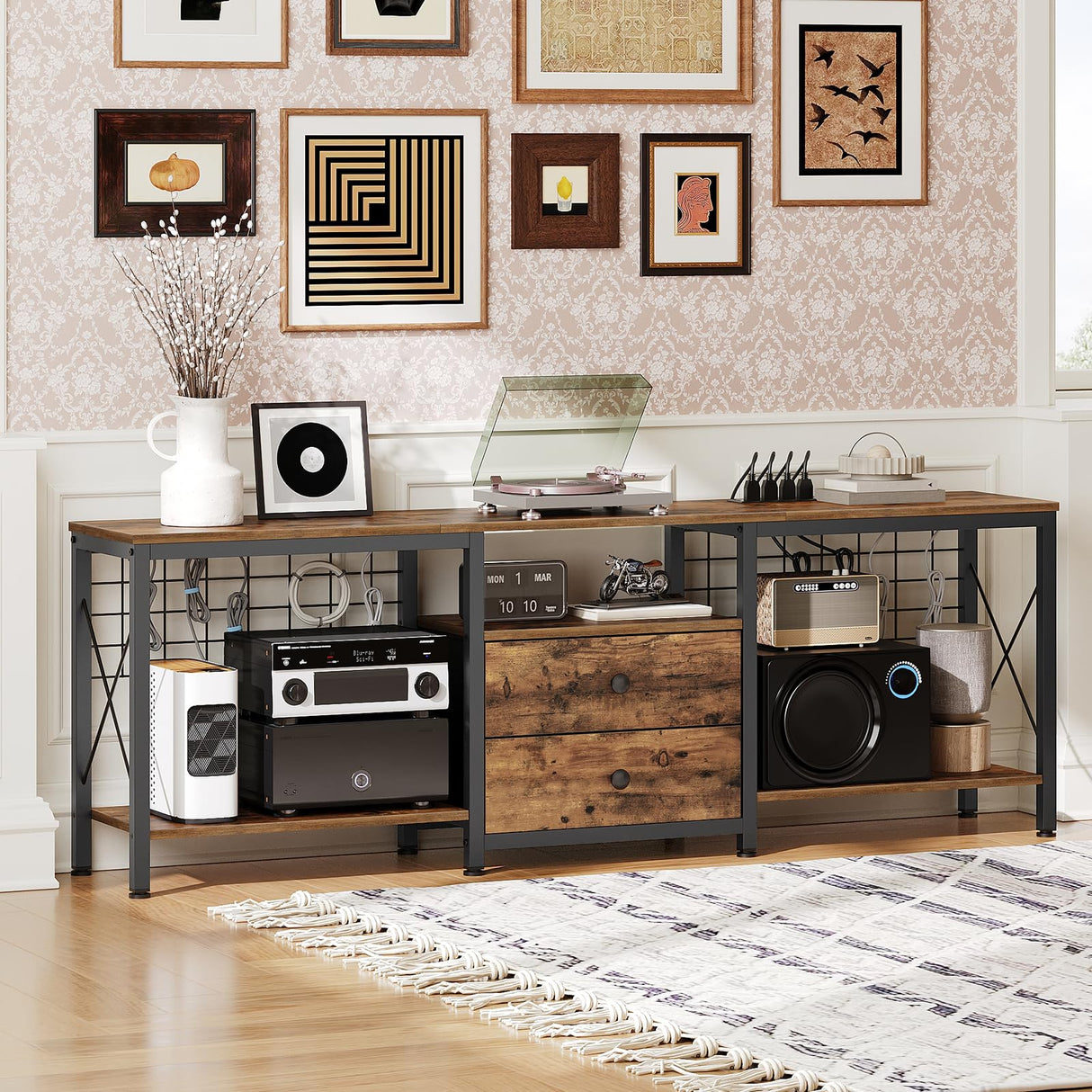 YATINEY TV Stand with Power Outlet for 75 Inch, Entertainment Center with 2 Fabric Drawers, TV Console Table with Open Storage Shelves for TVs, Cable Management, for Living Room, Bedroom, DS16UBR YATINEY