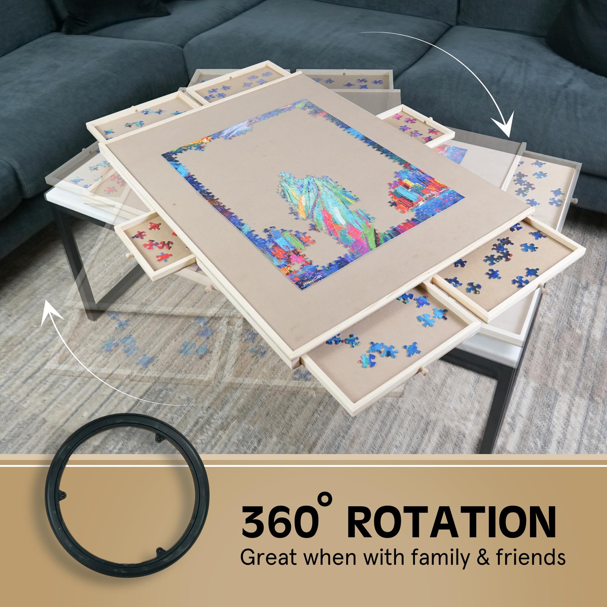 Rotating Puzzle Board with Drawers - Puzzle Board 1500 Pieces – 360 Degree Rotating Puzzle Storage Table – Adjustable Puzzle Board with Drawers & Protective Cover - 1500 Piece Puzzle Board -  - WoodArtSupply