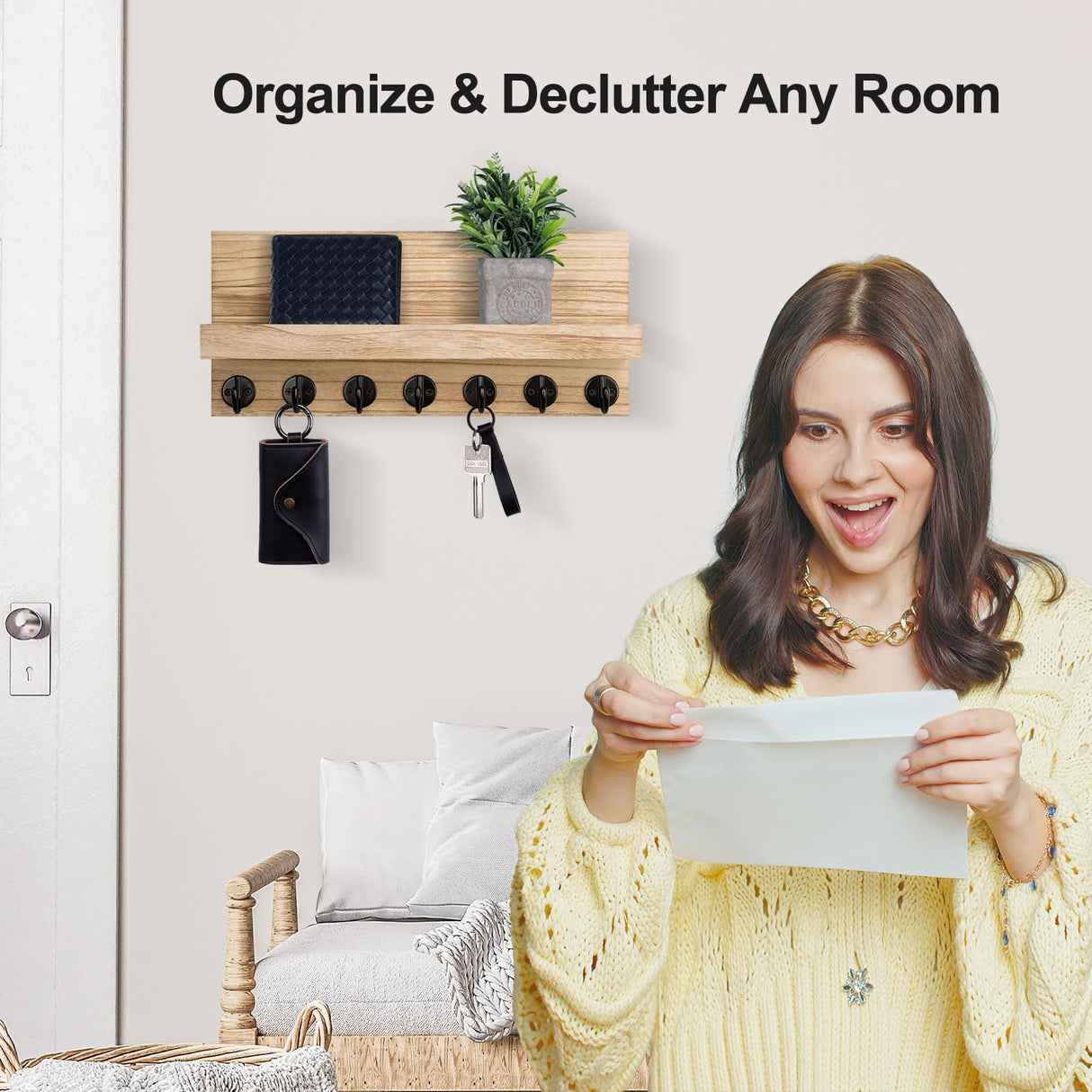 Lwenki Key Holder Wall Mount, Entryway Key and Mail Holder with 7 Sturdy Hooks for Sunglasses, Dog Leash, Decorative Wall Shelf with Mounting Hardware, 15”W x 6.7”H x 4.2”D (Wood) Lwenki