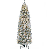 Yaheetech 7.5ft Pre-lit Snow Flocked Pencil Christmas Tree Kingswood Fir Hinged Slim Skinny Corner Xmas Tree with 350 Incandescent Warm White Lights & 1086 Snow Branch Tips, White Yaheetech
