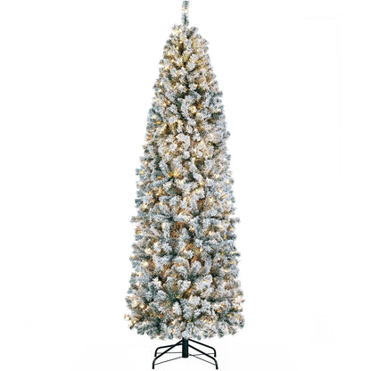 Yaheetech 7.5ft Pre-lit Snow Flocked Pencil Christmas Tree Kingswood Fir Hinged Slim Skinny Corner Xmas Tree with 350 Incandescent Warm White Lights & 1086 Snow Branch Tips, White