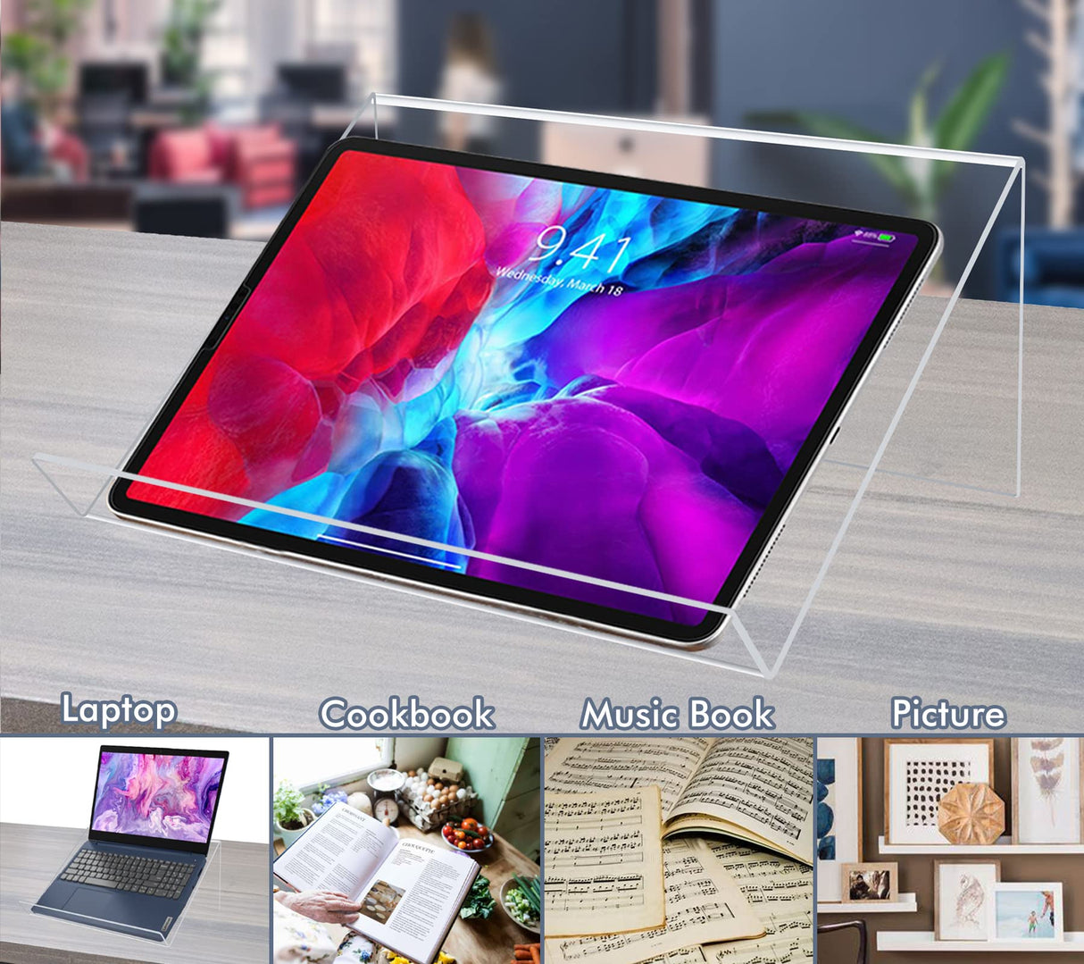 Kamehame Book Stands for Display, 2 Pack Slightly Elevated Clear Acrylic Book Display Stand with 1.5" Ledge, Book Easel Anti-slip Border for Handwriting Reading Art and Laptop, 12"x8.5"x5.1" Kamehame