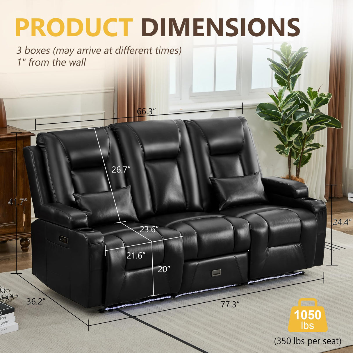 URRED Wall Hugger Power Recliner Sofa, RV Double Reclining 3-Seater Couch for Living Room with LED Lights, USB Ports, Cup Holders and Side Pockets, Outlets, Drawer, Faux Leather – Black URRED