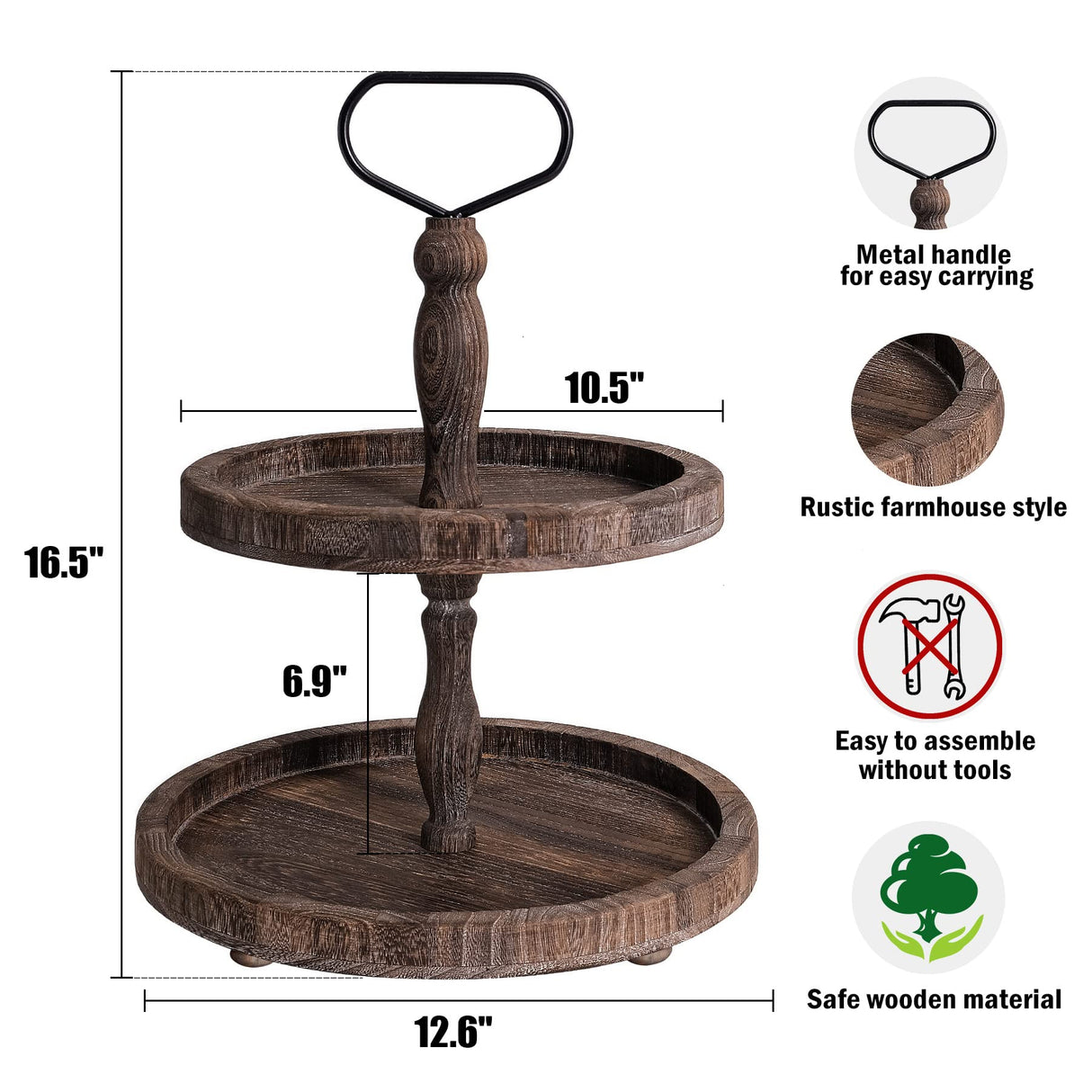 Mustry Rustic Wooden 2 Tiered Tray, Round Farmhouse Kitchen Table Decor Serving Tier Tray, Food Fruits Cupcake Display Coffee Bar Home Party Seasonal Decorations (Brown) mustry