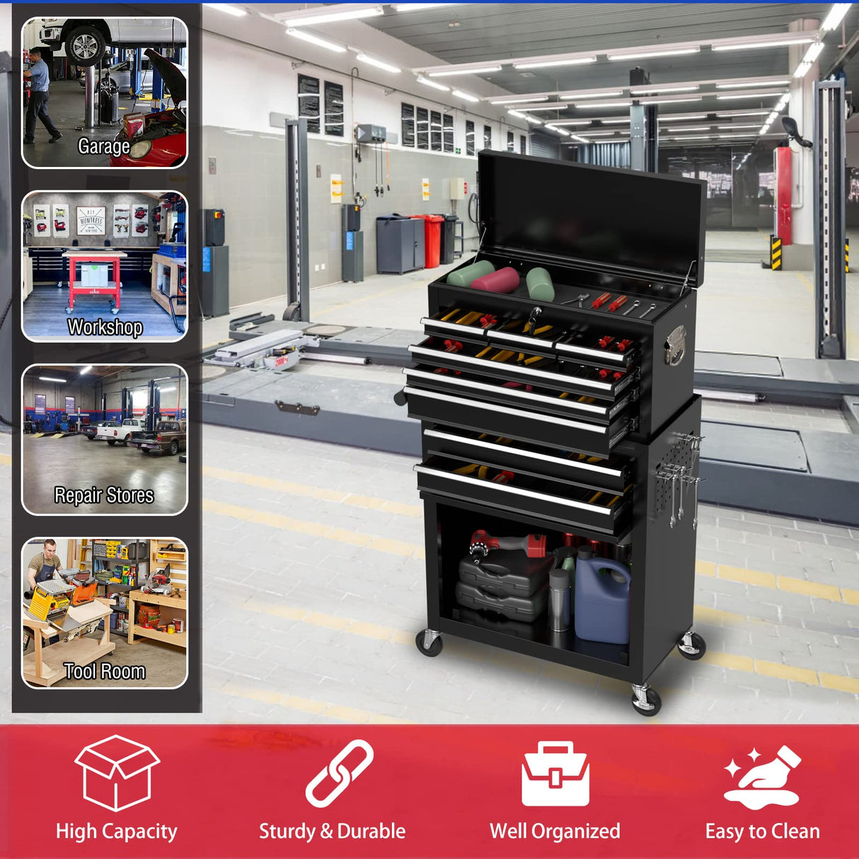 8 Drawers Rolling Tool Chest with Drawers, High Capacity Toolbox on Wheels, Lockable Drawers Tool Box Organization and Storage, Tool Cabinets on Wheels for Garage and Repair Shop(Black) Cobinery