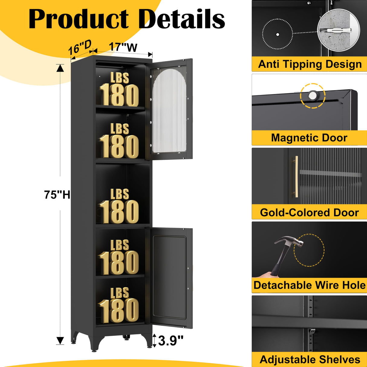 SteeLoong 75" Tall Bathroom Storage Cabinets，Black Narrow Bathroom Cabinet Freestanding with 2 Doors and Adjustable Shelves，Metal Narrow Pantry Cabinet for Kitchen,Living Room, Entryway SteeLoong