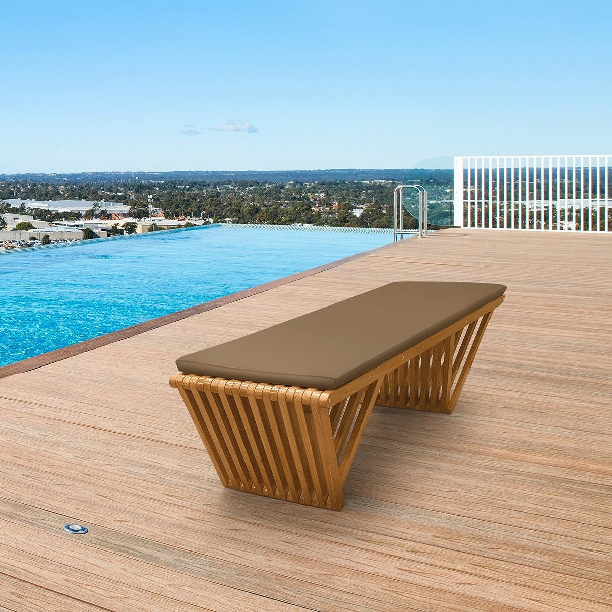 Mega Casa Outdoor Wooden Bench with Weatherproof Cushion, Solid Fir Wood, Coating with Wood Varnish, 3-Seater, for Patio, Porch, Yard, Garden, 62.8 inches (Teak Tone) Mega Casa