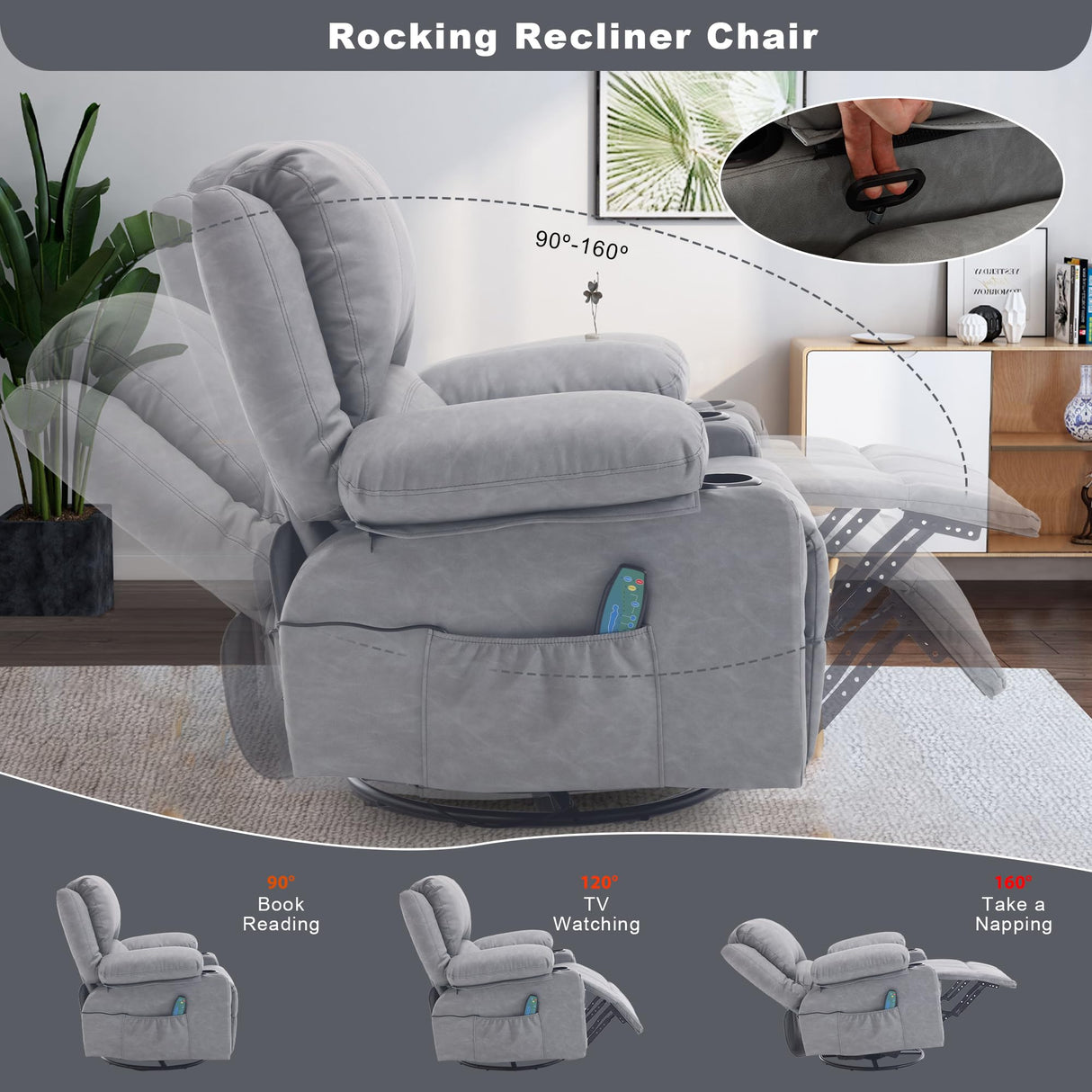 Massage Swivel Rocker Recliner with Lumbar Heat, Overstuffed PU Leather Recliners for Living Room, Modern Single Rocking Chair for Adults, Manual Rocker Recliner with Cup Holders for Bedroom, Grey Comermax