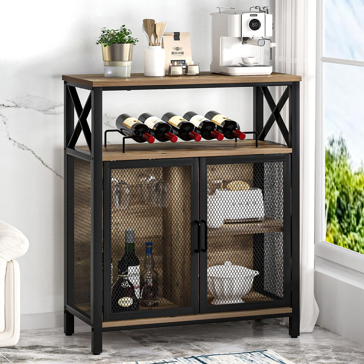 FOLUBAN Coffee Bar Cabinet, Small Liquor Cabinet with Wine Rack for Home, Modern Wine Bar Cabinet with Storage for Living Dining Room, Farmhouse Kitchen Sideboard Buffet Cabinet, Oak 47 Inch FOLUBAN