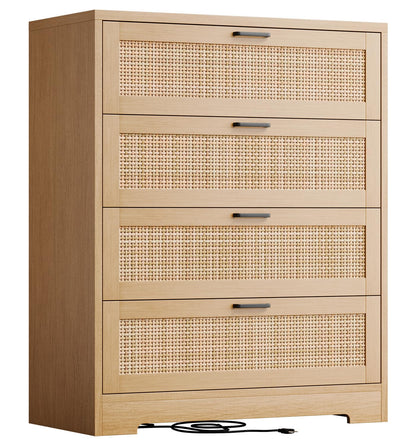 GarveeHome 4 Drawer Dresser Rattan Dresser, Tall Chest of Drawers, Wood Dresser for Bedroom, Closet, Living Room, Hallway