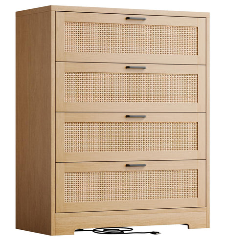 GarveeHome 4 Drawer Dresser Rattan Dresser, Tall Chest of Drawers, Wood Dresser for Bedroom, Closet, Living Room, Hallway GarveeHome
