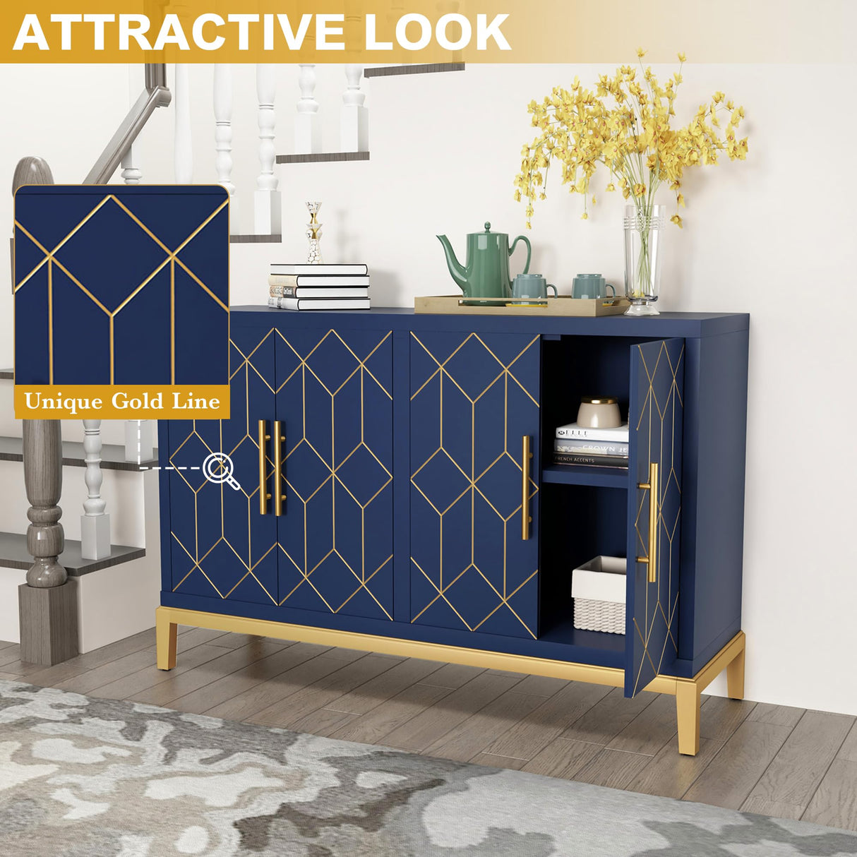 HLR 48" Accent Cabinet with 4 Doors and Shelves, Modern Credenza Storage Cabinet with Gold Trim, Sideboard Buffet for Living Room, Kitchen, Dining Room, Hallway, Blue HLR