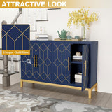 HLR 48" Accent Cabinet with 4 Doors and Shelves, Modern Credenza Storage Cabinet with Gold Trim, Sideboard Buffet for Living Room, Kitchen, Dining Room, Hallway, Blue HLR