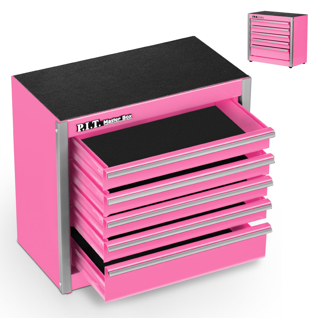 P.I.T. Mini Pink Tool Box, Portable 5-Drawer Micro Roll Cab Steel Tool Box with Liner, Pink Small Tool Case for Tools Storage, Home DIY P.I.T.