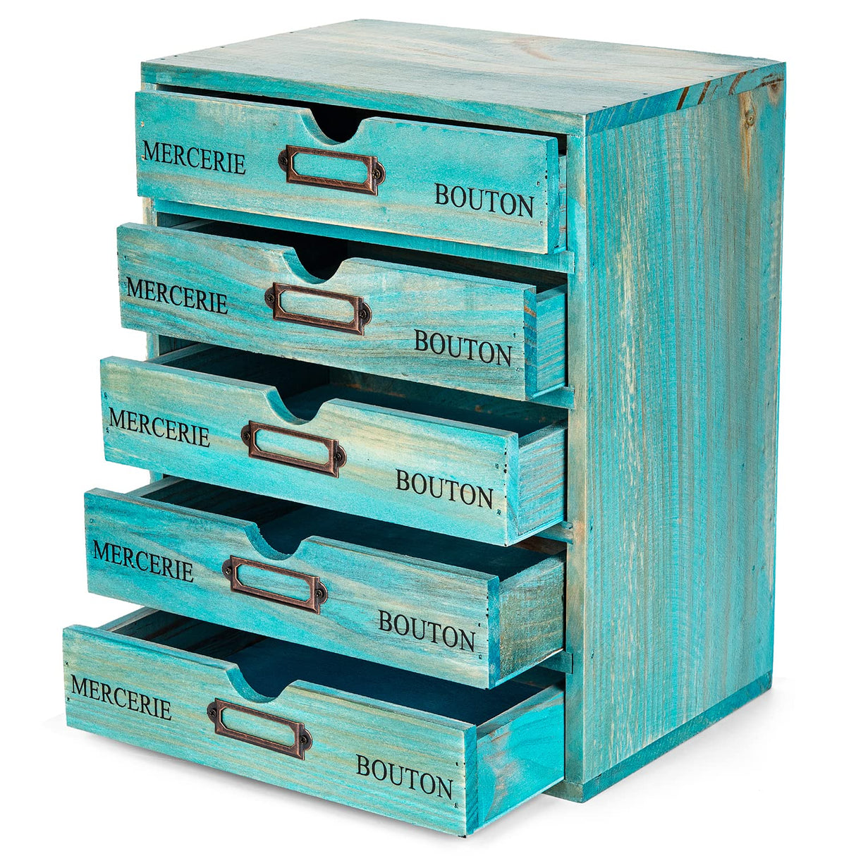 Turquoise 5-Tier Drawer Desktop Curio Cabinet - French Farmhouse Country Desk Organizer Box - Wooden Stackable Shelves - Teal Countertop Shelf w/Label Holder - 5-Level File Drawer Unit Woodaholic