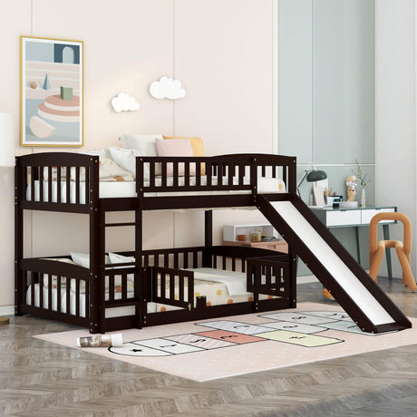 Twin Over Twin Bunk Bed with Slide for Kids, Low Bunk Bed Frame with Convertible Ladder & Detachable Fence, Solid Pine Wood Structure for Bedroom, Espresso Merax