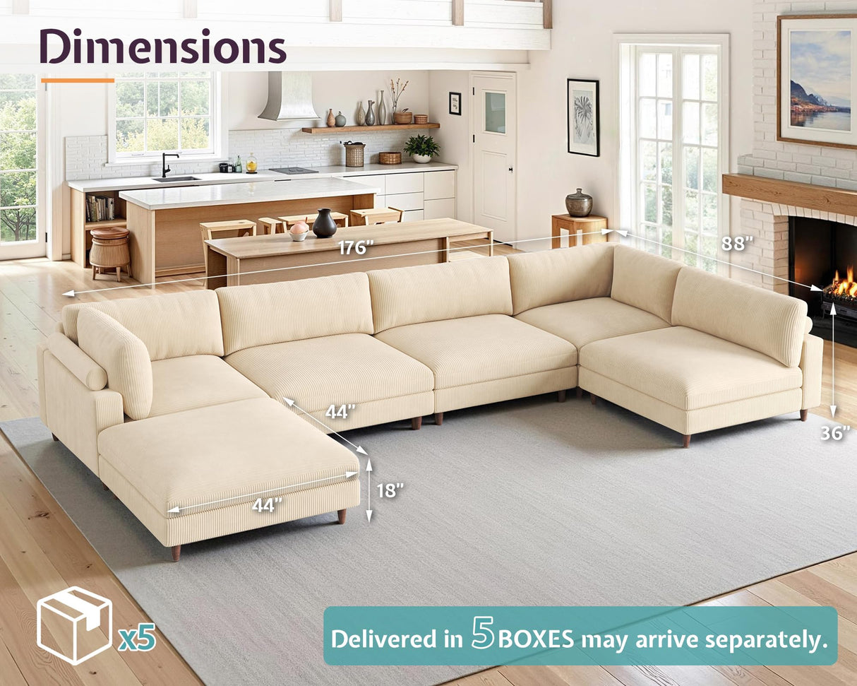 Jocisland Modular Sectional Sofa with 44" Extra Deep Seat,Oversized 6-Seater Modular Sofa for Plus-Size & Big Families, Sectional Couch for Living Room, Easy Assembly, Beige Corduroy Jocisland