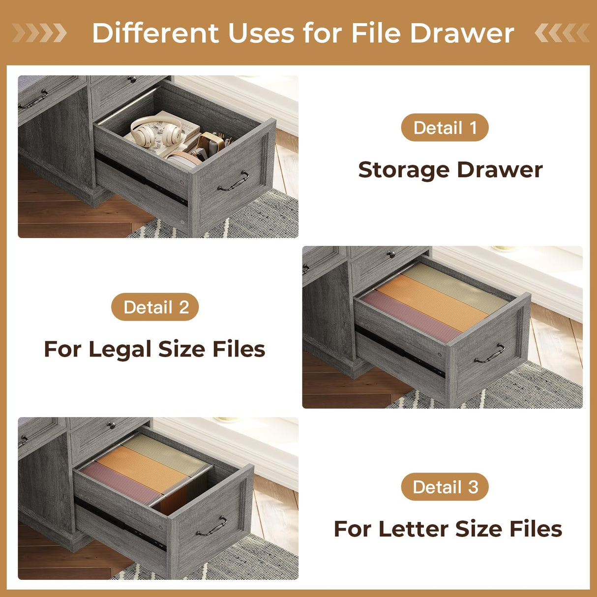 BTHFST Farmhouse Executive Desk with File Drawer, Computer Desk with Charging Station & LED Lights, Home Office Desk with Drawers & Storage Cabinet, Executive Office Desk with Monitor Stand, Grey BTHFST