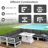 RADIATA 9 Pieces Aluminum Patio Furniture with Fire Pit Conversation Set with 29'' Large Depth Seat Outdoor Luxury Sofa Set (Dark Gray with White Aluminum) RADIATA
