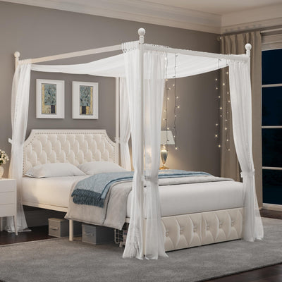 Keyluv Beige Upholstered Canopy Bed Frame with 2 Storage Drawers and Button Tufted Headboard