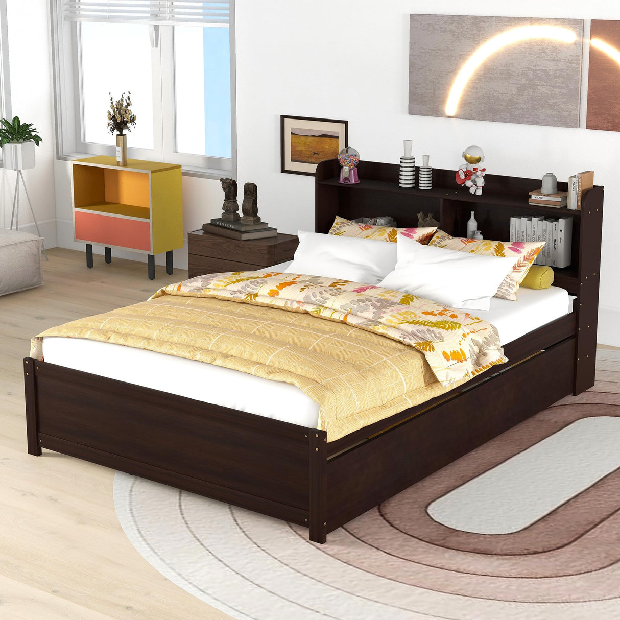 Full Size Bed Frame with Trundle and Storage Headboard,Full Size Trundle Bed with Bookcase for Kids,Bookcase Bed for Teens,Adults(Espresso) Bellemave