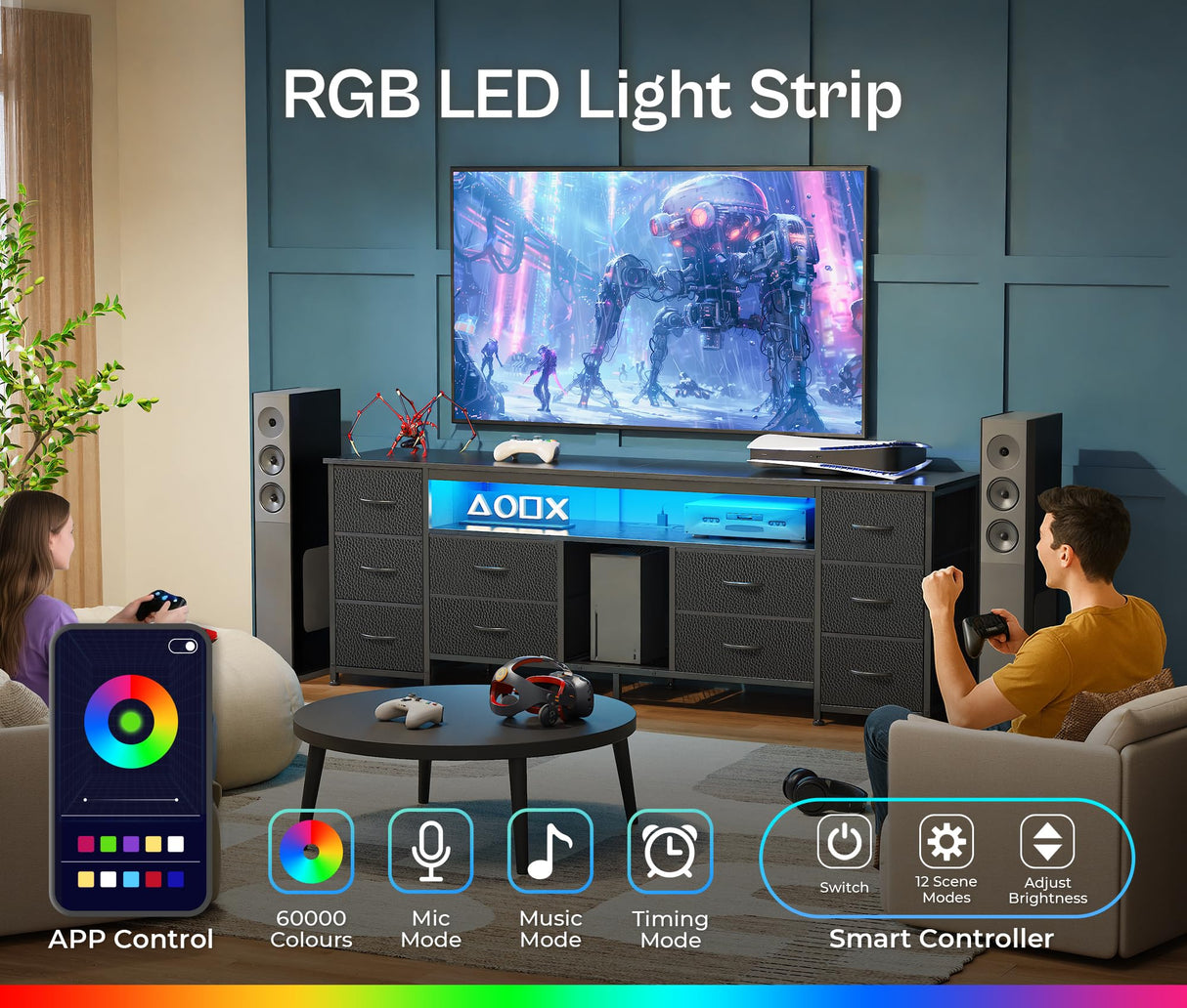 Huuger 63 Inch LED TV Stand Dresser with Power Outlets, USB-C Port and LED Lights, 10 Fabric Drawer Dresser for Bedroom, Long Entertainment Center for 65, 70 Inch TV, Open Shelves, PU Leather, Black Huuger