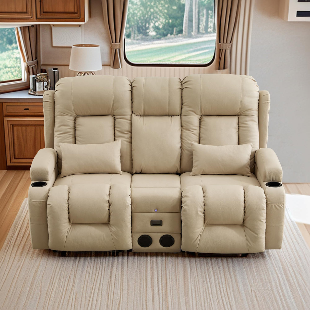 TUNYI Wall Hugger Power Loveseat Recliner - Reclining Loveseat with Console Theater Seating RV Recliner Sofa with USB/Outlet/Speaker/Cup Holder/LED Light/Storage (Beige) TUNYI