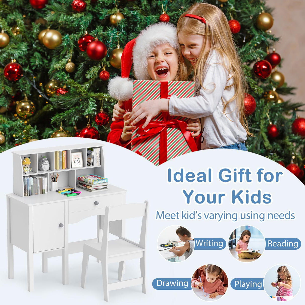 Costzon Kids Desk and Chair Set, Wooden Kids Study Desk with Hutch, Large Cabinet & Drawer for Writing, Reading, Drawing, Student Computer Workstation for Home School, Desk for Kids Ages 3+ (White) Costzon