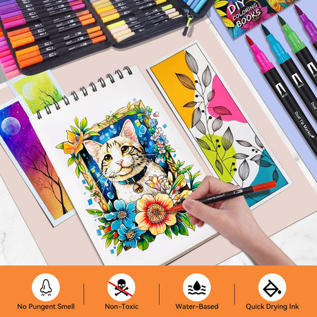 Dual Markers Brush Pens for Adult Kids Coloring Books, 72 Colors Art Marker Set with Fine & Brush Tip Pen for Bullet Journaling, Coloring, Drawing, Hand Lettering, Calligraphy, Art Supplies Artugn