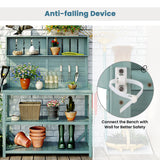 P PURLOVE 65" Large Wooden Rustic Outdoor Potting Bench Table, Patio Workstation, Garden Plant Lawn Patio Bench Shelf with 4 Storage Shelves and Side Hook P PURLOVE