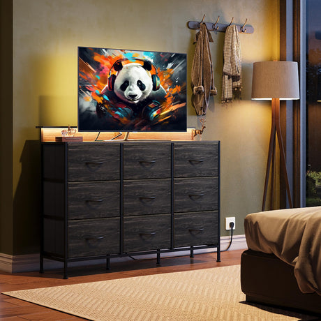 WLIVE Led Dresser for Bedroom, Wide Black Dresser TV Stand for Bedroom with LED Lights and Power Outlet, Chest of Drawers for Clothing, 9 Fabric Drawers and Wood Top for Living Room, Entryway WLIVE