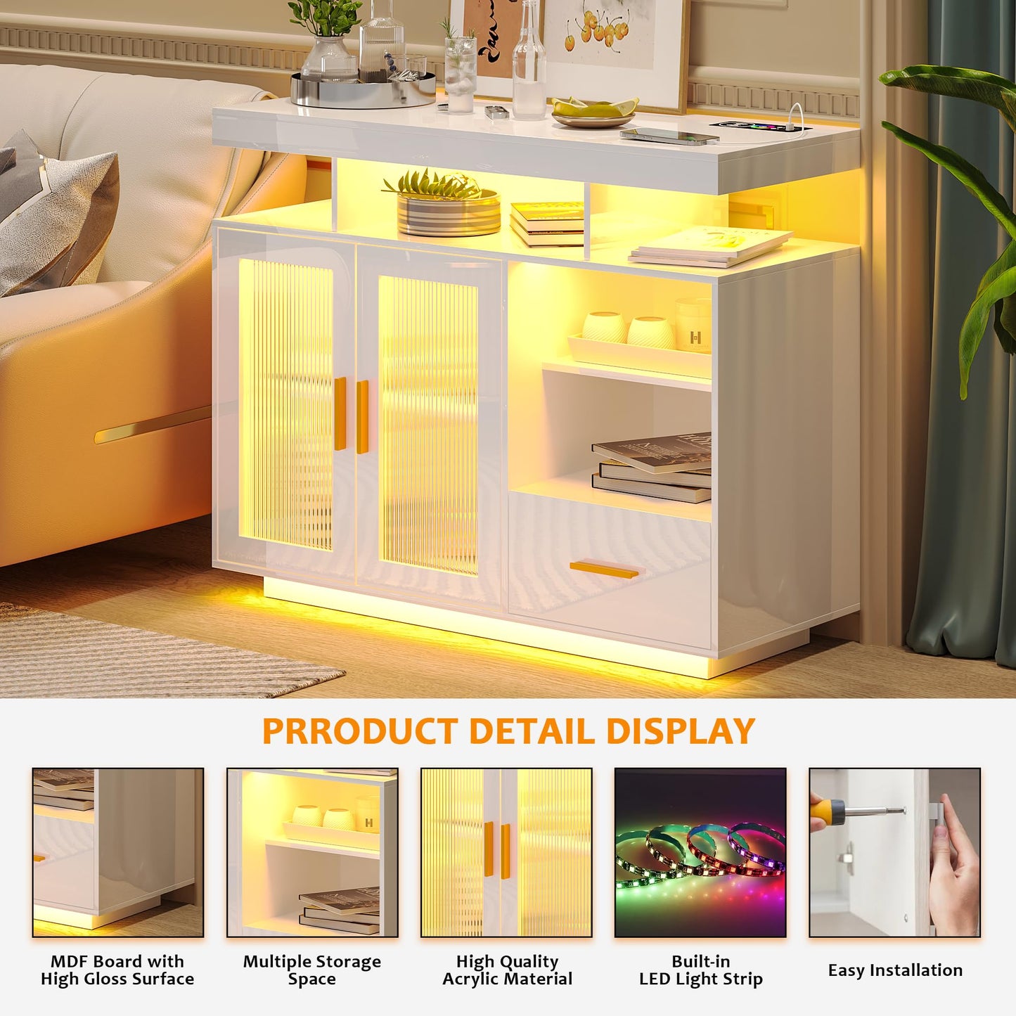 Modern White LED Sideboard Buffet Cabinet with Charging Station and Auto Sensor Lights