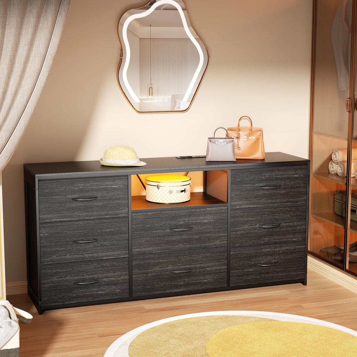 OURPIC 55'' Dresser for Bedroom with 8 Fabric Drawers, Wide Chest of Drawers with LED Lights & Charging Station, Long Wood Dresser TV Stand for Living Room, Hallway,Closet OURPIC