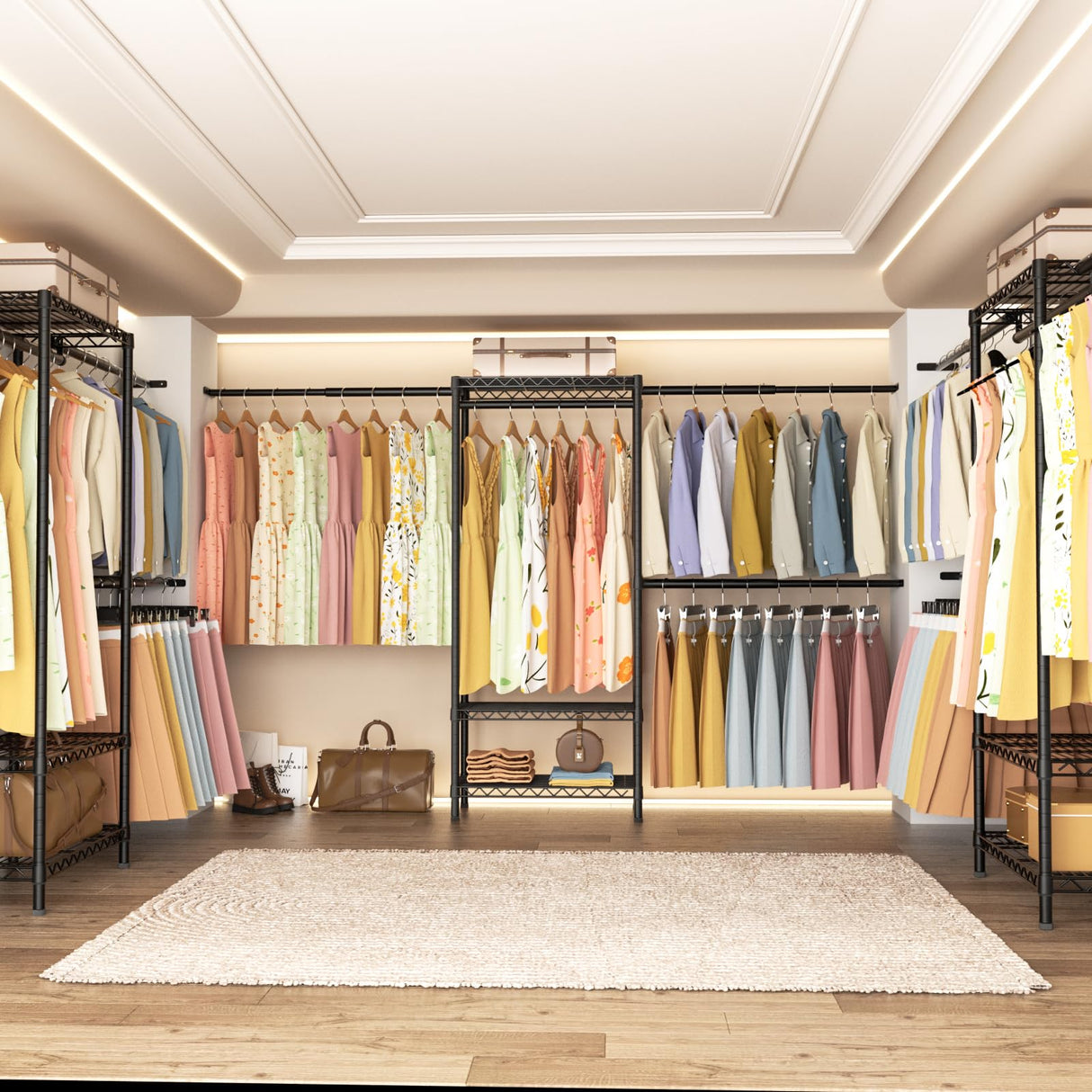 Golpart Closet Storage Organizer System,Expandable Wall Mounted Clothes Rack,3 Tiers Heavy Duty Metal Garment Rack with 3 Extendable Hanger Rods,Fits Space 5.7~8.8ft Width,76.77" H x 15.75" D Golpart