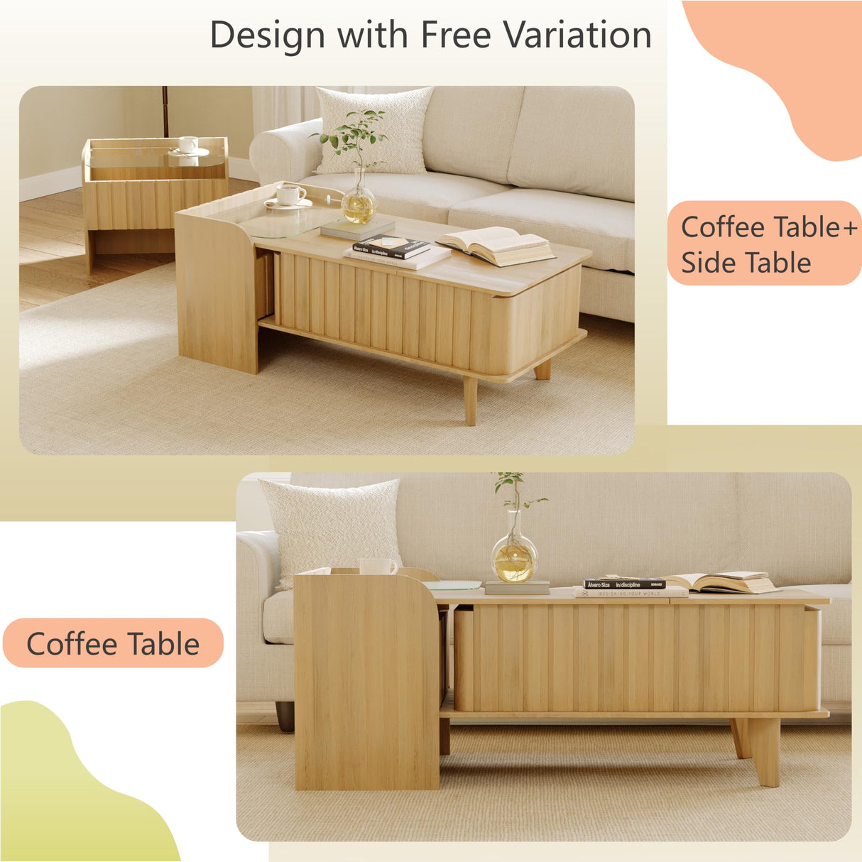 Wildhome Extendable Coffee Table with Side Table,Reversible Living Room Table with Lifting Tabletop,2 Drawers and Storage Rack for Living Room (Log Color, Large) Wildhome