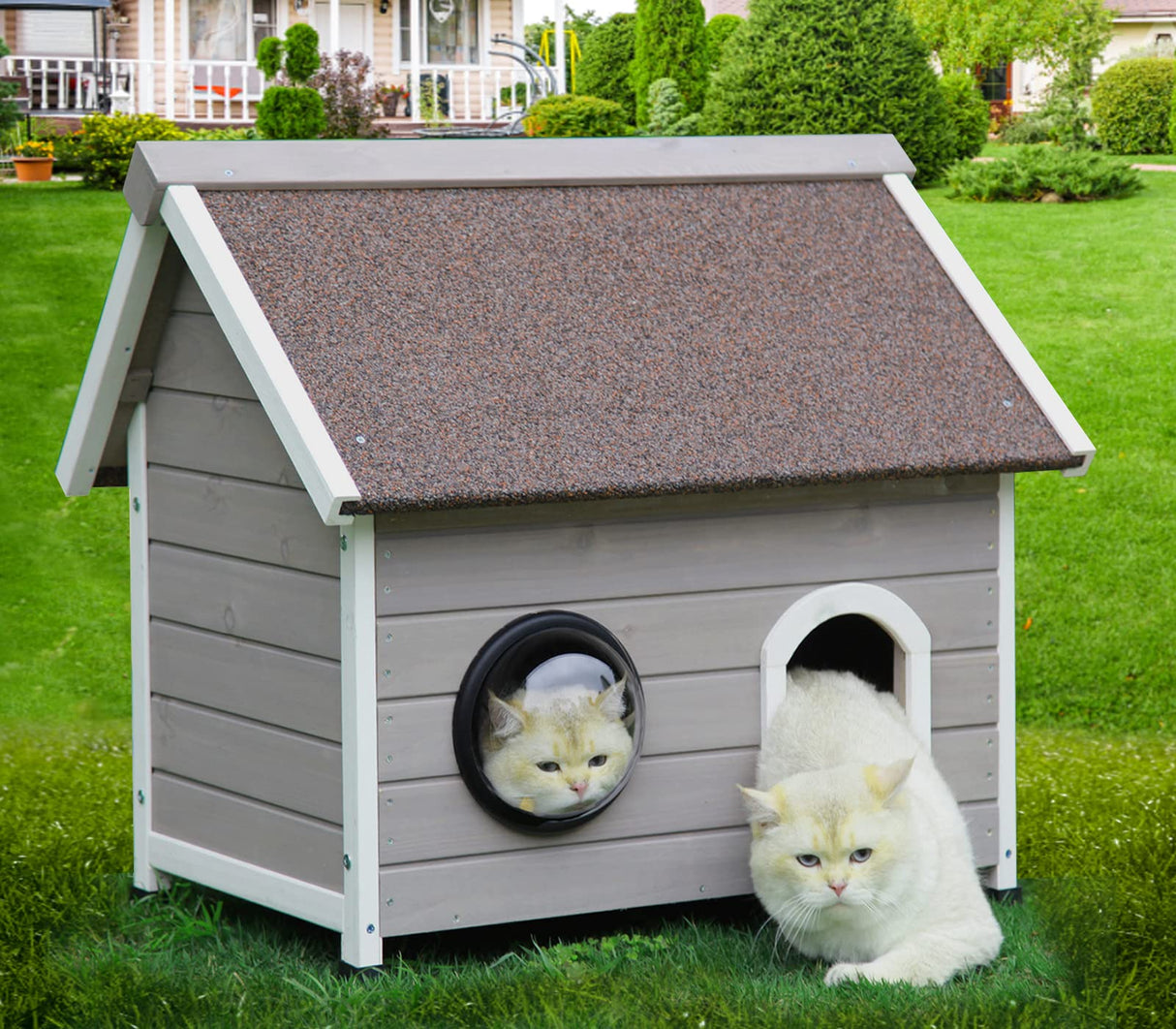 Rockever Outdoor Cat House, Feral Cat House Outdoor Weatherproof with Escape Door and Clear Windows for 2 Cats (Grey Rockever