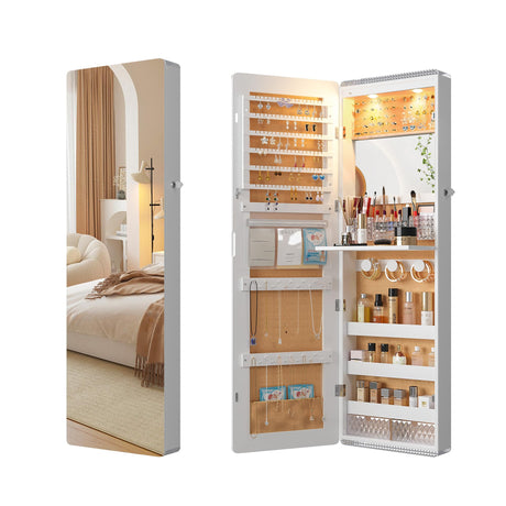 HNEBC LED Mirror Jewelry Cabinet,47.2" Wall Mounted Jewelry Organizer with Full-Length Mirror,Over The Door Hanging Jewelry Armoire Storage Cabinet,Folding Dresser,2 Drawers,Lockable, 3 Shelves(White) HNEBC