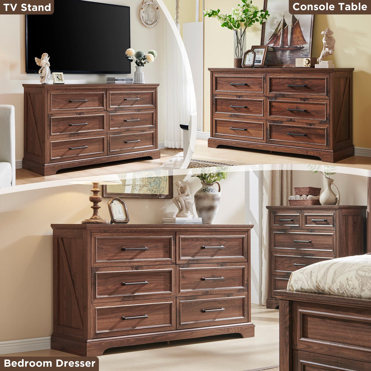 ACCOHOHO Farmhouse 6 Drawer Dresser for Bedroom, 52 Inch Wide Modern Dresser TV Stand with Large Drawers & Bar Handles, Rustic Wood Dresser Chest of Drawers for Bedroom, Living Room, Hallway, Brown ACCOHOHO