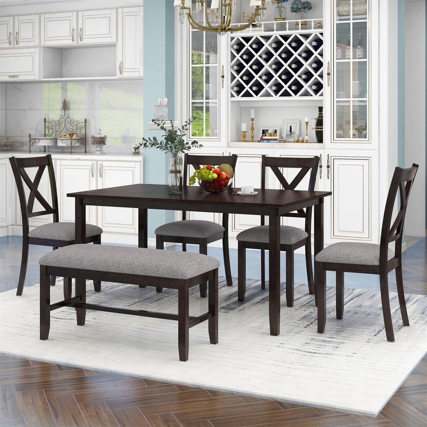 Harper & Bright Designs 6 Piece Wooden Dining Table Set with Upholstered Bench and 4 Dining Chairs, Kitchen Table Set Family Furniture for 6 People (Dark Espresso) - WoodArtSupply