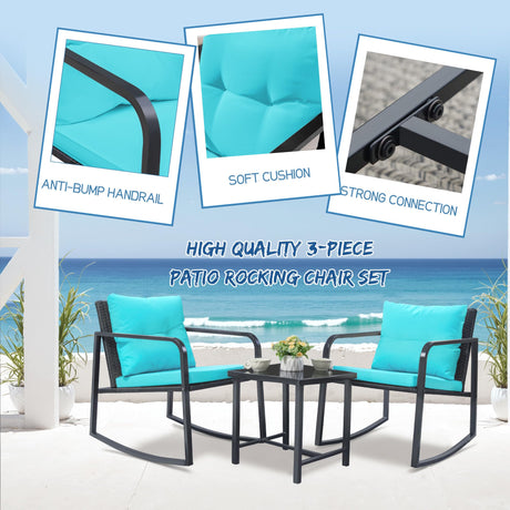 Greesum 3 Pieces Rocking Rattan Wicker Bistro, Patio Furniture Set with Soft Cushion and Glass Coffee Table, Design for Poolside Yard Garden, Blue Greesum