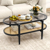 Giantex Rattan Coffee Table, 2-Tier Oval Wood Tea Table with Tempered Glass Tabletop & PE Rattan Storage Shelf, 40" Boho Cocktail Tables, Mid Century Modern Center Table for Living Room Office, Black Giantex