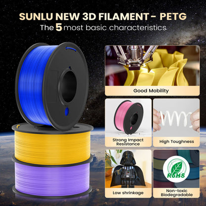 SUNLU PETG 2500g 3D Printer Filament Bundle Multicolor, Strong PETG Filament 1.75mm, Neatly Wound Filament 2.5kg, 250g Spool, 10 Pack, Black+White+Grey+Blue+Red+Purple+Pink+Cyan+Coffee+Transp - WoodArtSupply