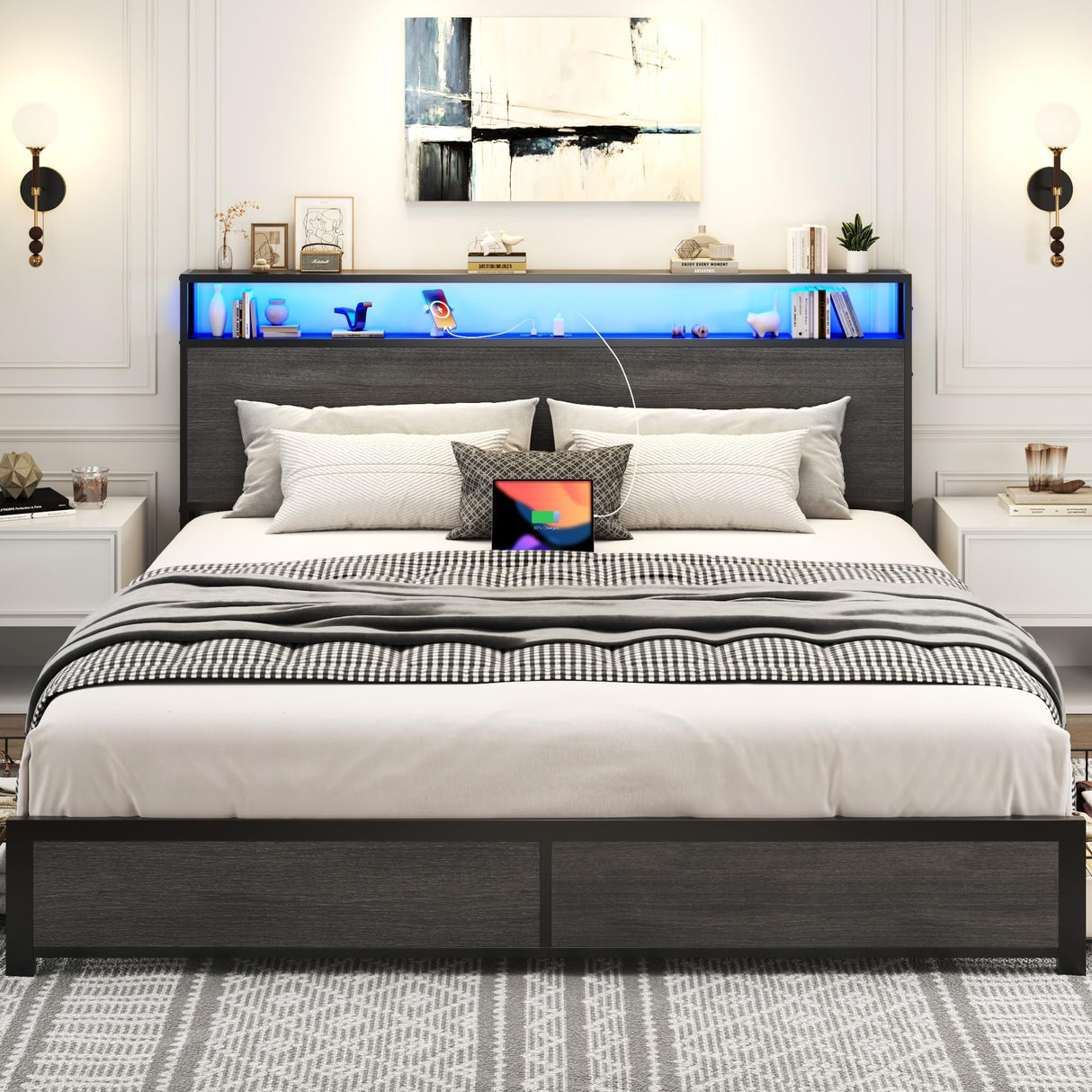 Lifezone King Bed Frame with 2-Tier Storage Headboard, Metal Platform Bed Frame with 4 Storage Drawers, Built in Charging Station & LED, Noise-Free/Metal Support/No Box Spring Needed, Rustic Grey Lifezone