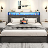 Lifezone King Bed Frame with 2-Tier Storage Headboard, Metal Platform Bed Frame with 4 Storage Drawers, Built in Charging Station & LED, Noise-Free/Metal Support/No Box Spring Needed, Rustic Grey Lifezone