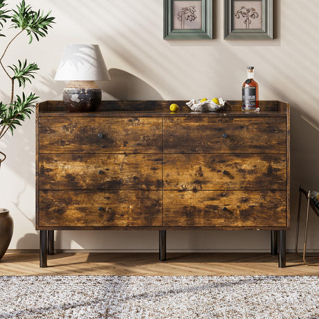 LYNSOM Dresser for Bedroom, 6 Drawer Rustic Brown Dresser with Wide Drawer and Metal Handles, Modern Dressers & Chests of Drawers for Hallway Entryway LYNSOM