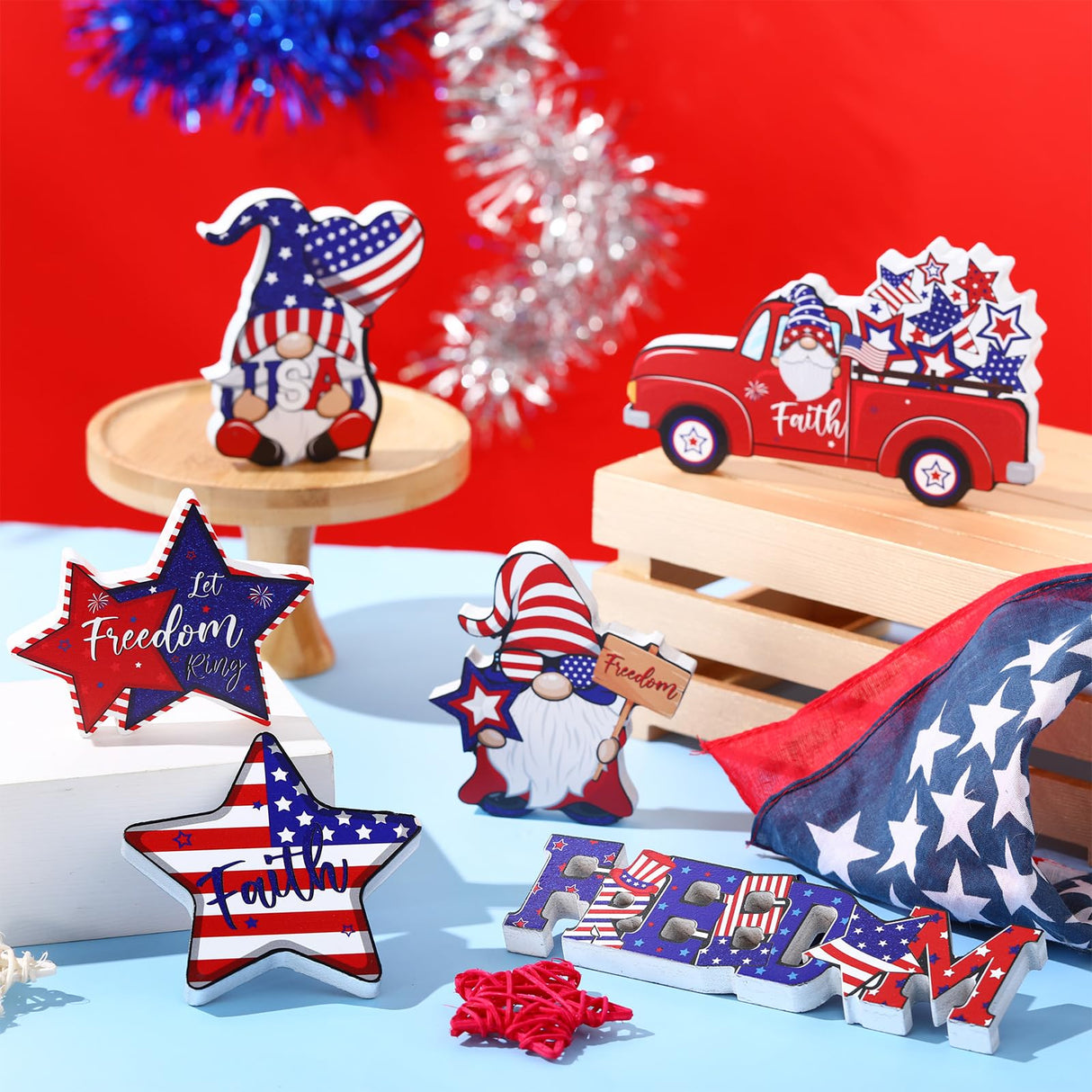 Qunclay 6 Pieces Patriotic Table Decor Memorial Day Table Decorations Wooden Gnome Freedom Truck Star 4th of July Table Signs for Veterans Day Independence Day Table Topper Decor Supplies (No Base) Qunclay