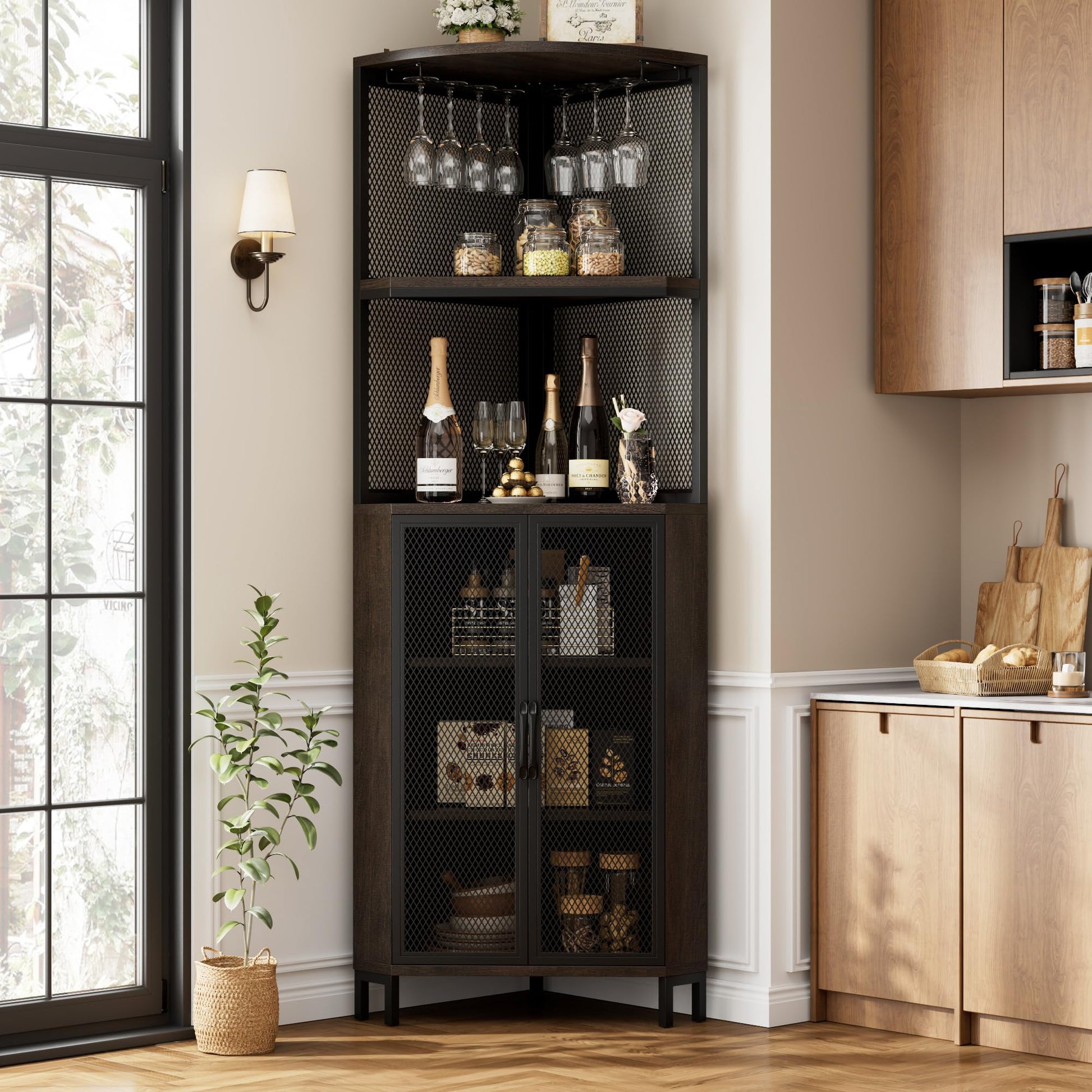 HITHOS 67" Tall Corner Bar Cabinet, Industrial Wine Bar Cabinet with Glass Holder, 6-Tier Liquor Cabinet with Adjustable Shelves, Corner Display Cabinet for Kitchen, Dining Room, Dark Brown - WoodArtSupply