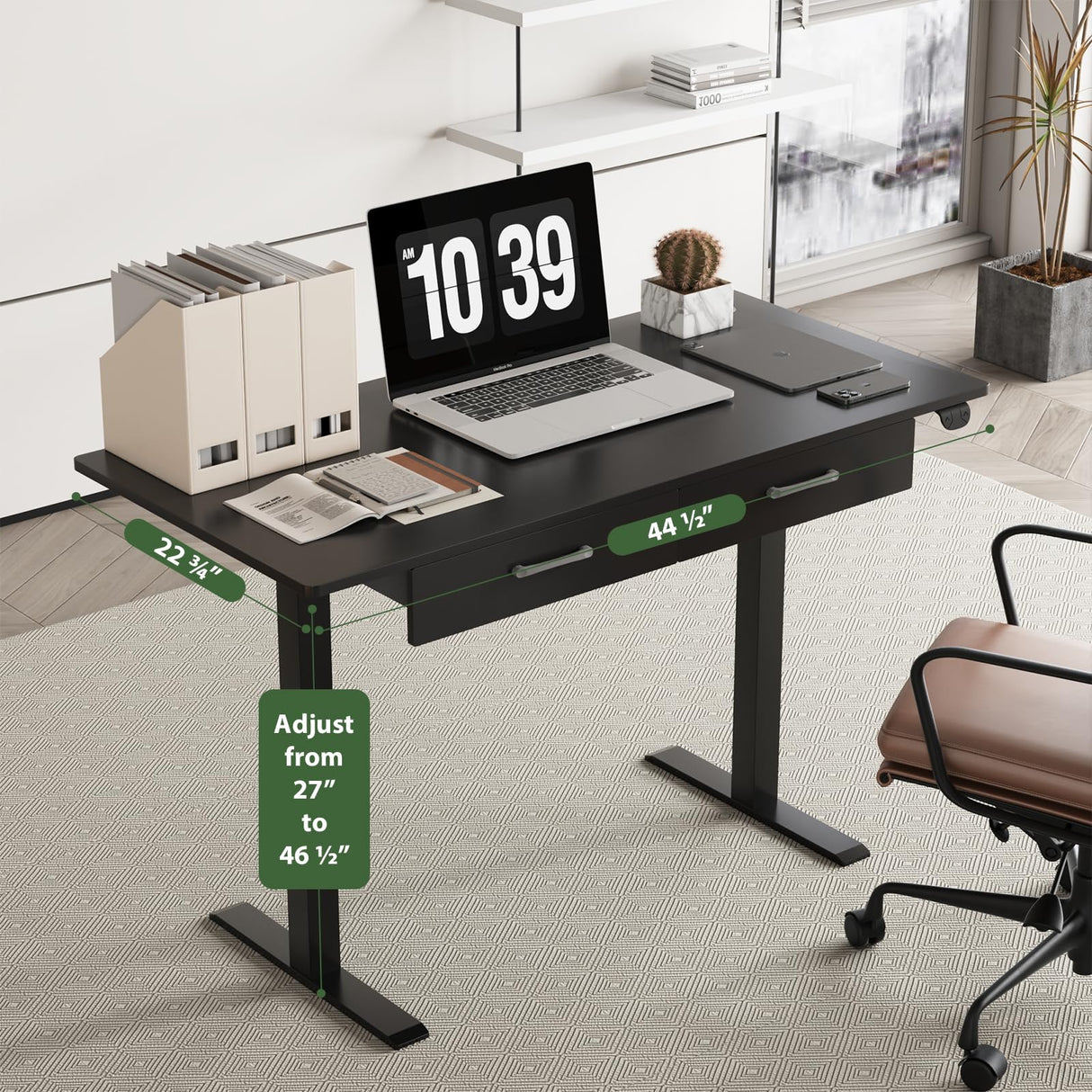 Our Modern Space 2-Drawer Height Adjustable 45" Electric Standing Desk - Upgraded Ultra Durable Home Office Large Rectangular Computer Table or Laptop Sit Stand Workstation - Black Our Modern Space