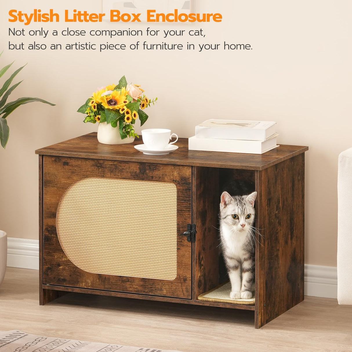 HOOBRO Cat Litter Box Enclosure with Rattan Door, Hidden Litter Box Furniture, Litter Box Enclosure with Adhesive Cat Scratching Mat, Coffee Table, 31.4" L x 17.7" W x 18.1" H, Rustic Brown FY18MW01 HOOBRO