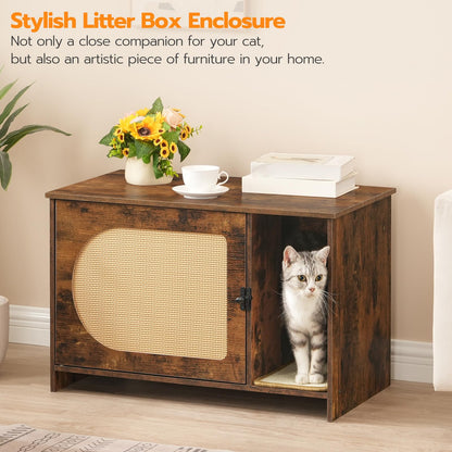 HOOBRO Cat Litter Box Enclosure with Rattan Door, Hidden Litter Box Furniture, Litter Box Enclosure with Adhesive Cat Scratching Mat, Coffee Table, 31.4" L x 17.7" W x 18.1" H, Rustic Brown FY18MW01